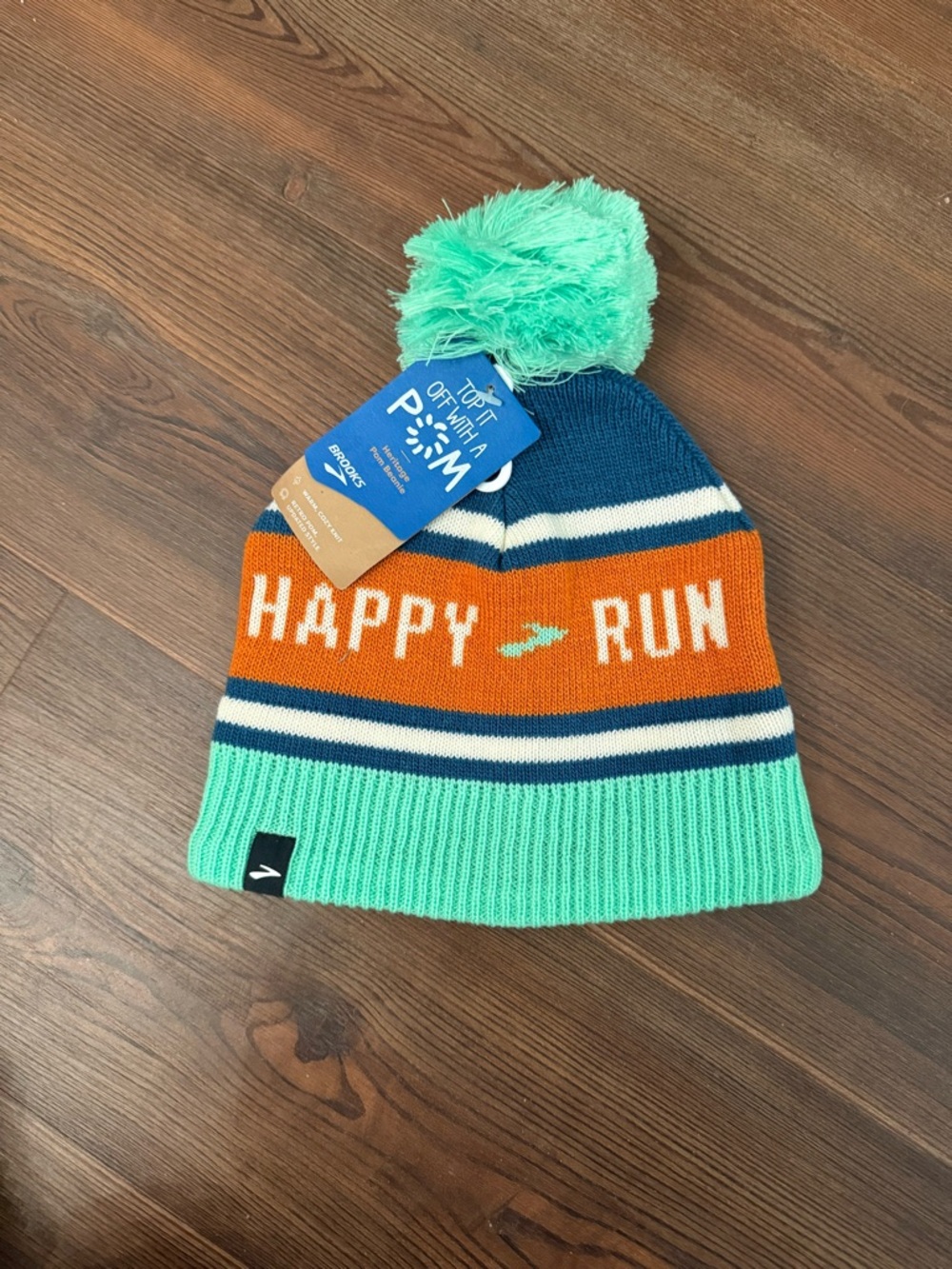 Brooks Happy Run Pom Beanie - Mint, Orange & Navy